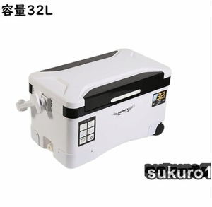 釣り用クーラーボックス 大容量32L 座れる頑丈マッスルボディ 防水 断熱材 ハンドル/水栓/肩ベルト/キャスター付き 釣り 保冷力72h 白&黒