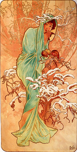 ミュシャ　『四季 冬』 リトグラフ 1896年 24x40cm 複製画 高品質◆ グラッセ クリムト 絵画 アールヌーヴォー 油彩画 ポスター