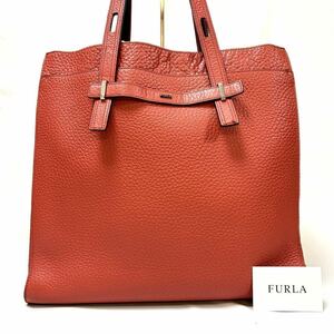 美品/希少色 FURLA フルラ ジョーヴェGIOVE トートバッグ メンズ ビジネス レザー 本革 シボ革 大容量 A4 PC 肩掛け 調整可 オレンジ 鞄