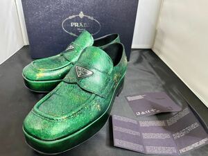 【メタリック エメラルド】最高級 PRADA 脚長 グリーン K24 純金 金箔 レザー 長身 ローファー シューズ 金無垢 モノリス ブーツ プラダ