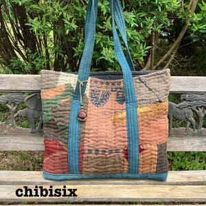 【1000円スタート】chibisix■■ハンドメイド 　古布　 バッグ■■柿渋染め　幟旗　刺し子　手ぬぐい　藍染　大きめ　トート　リメイク■■