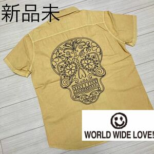 新品未■WORLD WIDE LOVE!■メキシカンスカル 刺繍 半袖 シャツ L イエロー ワークシャツ ワールドワイドラブ デッドストック