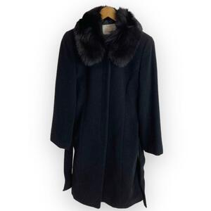 美品 ロング丈コート アンゴラ100％ ファー ベルト付きブラック 黒色ウール