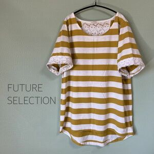 ◎FUTURE SELECTION ボーダーカットソー 半袖カットソー レース付きカットソー レディース Lサイズ マスタード×白色 カットソー