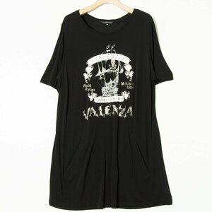 メール便◯ VALENZA バレンザ チュニック丈半袖Tシャツ ワンピース カットソー レーヨン プリント＆ラインストーン 春夏 黒 44 日本製