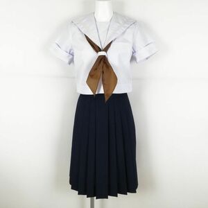 1円 セーラー服 スカート スカーフ 上下3点セット 夏物 白3本線 女子 学生服 中学 高校 白 制服 中古 ランクC NA1393