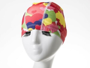 男女兼用 弾性繊維製 水泳帽 スイムキャップ フリーサイズ シンプル #ハート カラフル