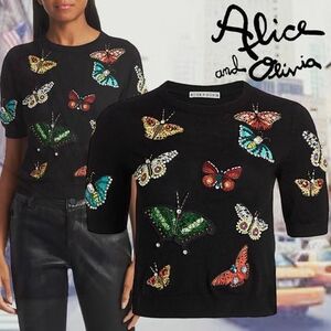 超キュート♪alice＋Oliviaアリスアンドオリビア　Ciara Butterfly Embroidered Sweater蝶々バタフライ刺繍＆ビジュー飾ニットM/Mブラック