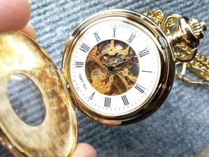 新品未使用　Regent Louis　両面スケルトン　ゴールド 　手巻き　懐中時計　ハーフハンターケース