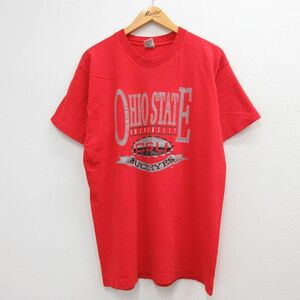 L/古着 半袖 ビンテージ Tシャツ メンズ 90s オハイオ州立大学 コットン クルーネック 赤 レッド 23jun14 中古