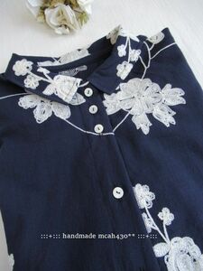 :::ハンドメイド　cotton flower刺繍　チビエリシャツ　羽織物にも :::