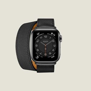 HERMES AppleWatch ドゥブルトゥール レザーストラップ　スペースブラックステンレススチールバックル（ヴォー・スウィフト） カラー：黒