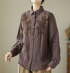 LB466 カジュアル風 綿麻 チュニック 刺繍入り トップス レディース シャツ ブラウス 長袖 大きいサイズ 長袖シャツ ゆったり コーヒー