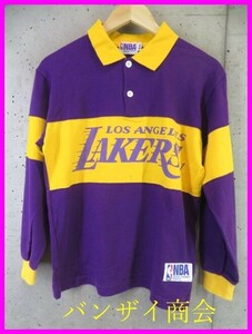 3240b5◆ヴィンテージ◆日本製◆NBA◆LA LAKERS レイカーズ 長袖ポロシャツ M/バスケットボール/ユニフォーム/八村塁/レブロンジェームス