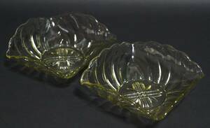 【寂】ガラス製 アンティーク皿 四方 皿 ガラス皿 二客セット☆時代物☆s60111