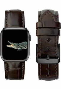 クロコダイル本革　ワニ革　時計ベルトApple Watch アップルウォッチ バンド 全シリーズ対応　42/44/45/49mm対応　レザー ダークブラウン