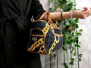 ●美品●CELINE セリーヌ●マカダム●ブギー●キャンバス カーフ レザー 本革●ハンド バッグ●黒 キャメル イエロー●G金具●Js45271