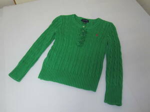 ＊RALPH LAUREN＊ラルフローレン 女の子 春物セーター トップス 鮮やかグリーン色 ロゴピンク フリル コットン綿 サイズS（7）