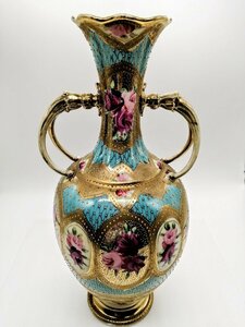 【高さ30cm】オールド ノリタケ 金彩盛上双耳薔薇図 花瓶 飾壺 金盛 両耳 マルキ印 アンティーク 里帰り Noritake