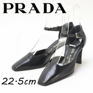 ◆PRADA プラダ レザー スクエアトゥ アンクルストラップ ヒール セパレート パンプス 黒 ブラック 35 1/2