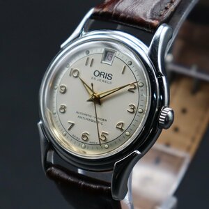 R6.5月OH済み ORIS オリス 7317-40B 自動巻 全数字インデックス 25石 裏スケルトン 12時位置赤デイト スイス製 アンティーク メンズ腕時計