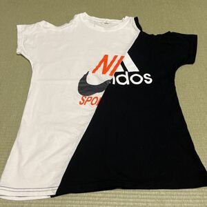 △NIKEナイキ adidasアディダス コラボ キッズ 11サイズ (140-150)半袖Ｔシャツ 肩出し　白黒 バイカラー