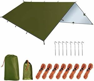 軽量 日除け テント タープ 高耐水加工 キャンプ 紫外線カット 防水タープ 遮熱 サンシェルター アーミーグリーン-XXL300