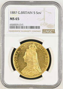 【記念貨幣】1887年イギリスヴィクトリア女王ジュビリーヘッド５ソブリン／５ポンド金貨ゴールドコインNGC MS65 高鑑定品★重39.94ｇ O24