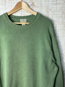 ☆超ビッグサイズ US古着 L.L.Bean エルエルビーン ニット セーター ハイゲージ 丸襟 グリーン緑 【2XL/XXL】コットン　　　◆4181◆