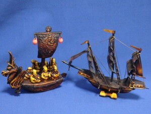 美術工芸 帆船 宝船 2点 置物 七福神 飾り物 縁起物 和風 模型 インテリア 雑貨 アンティーク ビンテージ