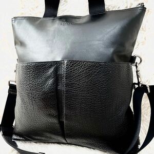 美品 COACH ビジネスバッグ ステッチミックスド マテリアル レザー フォルド オーバー 2WAY トートバッグ 黒 ブラック コーチ ショルダー