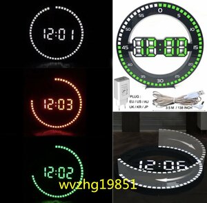 LHH544★全3種類 要1種類選択 時計 インテリア モダン オーナメント デジタル USB 目覚まし時計 丸型3D LEDデジタル壁掛け時計 壁掛け時計