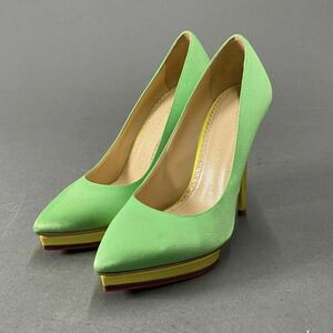 ◯ 2L5 イタリア製☆ CHARLOTTE OLYMPIA シャーロットオリンピア 37(24cm相当)グリーン サテン地 パンプス ピンヒール レディース 女性用