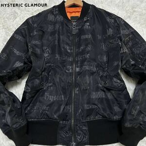 L相当●HYSTERIC GLAMOUR ヒステリックグラマー MA-1 ボンバージャケット フライトジャケット ブルゾン 総柄 ロゴ ブラック 黒 メンズ