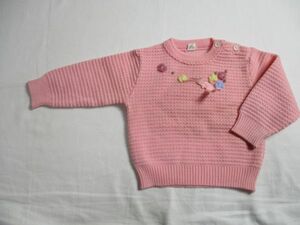 BE762【ニット】花柄模様　長袖　セーター　女児　淡赤　75