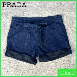 ★PRADA★W28 (Lサイズ相当) デニム ショートパンツ プラダ レディース 青系 インディゴ ジッパーフライ ハイウエスト ウエストベルト P212