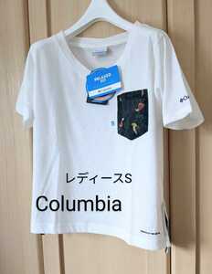 タグ付 Columbia レディースS コロンビア インコ柄 ポケット付 Vネック 半袖 トレッキング Tシャツ ストレッチ UVカット 白 未使用 新品