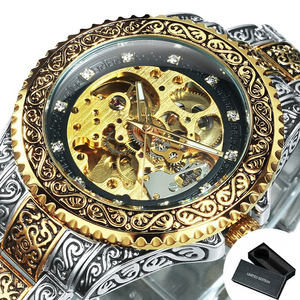 【ゴールド×ブラック】メンズ高品質腕時計 海外人気ブランド T-WINNER スケルトン 機械式 ヴィンテージ 王室ファッション クリスタル
