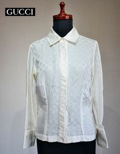 GUCCI　グッチ　GGパターン長袖白シャツ　38サイズ　S～M　シルク混紡　生成り　通年　汗シミあり　