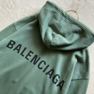 BALENCIAGA 【希少色】バレンシアガ オーバーサイズ 背面ロゴ プルオーバーパーカー グリーン XL相当 バックロゴ ビッグシルエット メンズ