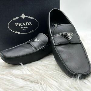 ●美品 /黄金サイズ /27.5cm ●プラダ PRADA ドライビングシューズ ローファー 革靴 91/2 ブラック 黒 三角ロゴ サフィアーノレザー 