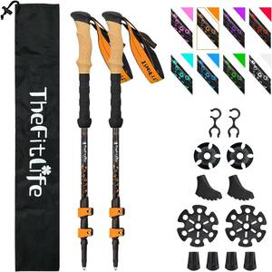 オレンジ TheFitLife トレッキングポール カーボン 2本セット バランスを保つ 登山用ストック コルク素材グリップ ウォ