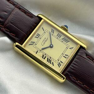 T691 分解整備・磨き済 Cartier カルティエ ヴェルメイユ マストタンクLM アイボリー文字盤×茶ストラップ 手巻 機械式 腕時計