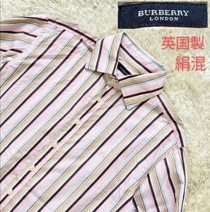 【ホース刺繍★英国製】Sサイズ BURBERRY LONDON 長袖ストライプシャツ◆シルク混☆バーバリーロンドン (3)