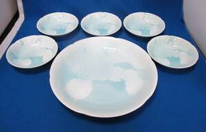 龍峰窯 青磁かぶら取りわけ揃 大皿1客 小皿 5客 銘々皿 和食器 #1870