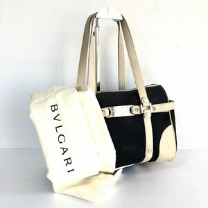 ■希少■BVLGARI ブルガリ　ミニボストンバッグ キャンバス×レザー　ロゴプレート　ブラック×ホワイト　シルバー金具　伊製　刻印あり