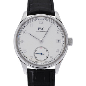 銀蔵 中古 IWC ポルトギーゼ ハンドワインド 8デイズ IW510203 シルバー文字盤 SS/革 手巻き 腕時計 ランクA
