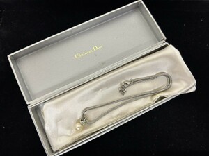 A1 Christian Dior クリスチャンディオール ネックレス フェイクパール ラインストーン シルバーカラー 箱付 ブランドアクセサリー 約40㎝