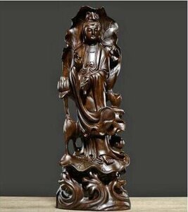 ★仏教美術 精密細工 木彫り　黒檀木 観音菩薩像　仏像　置物 高さ30cm