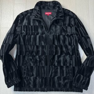 未使用並/XLサイズ★シュプリーム/Supreme 光沢起毛 ブロック調総柄 ベロアジャケット ジップブルゾン スタンドカラー 胸ロゴ メンズ 黒